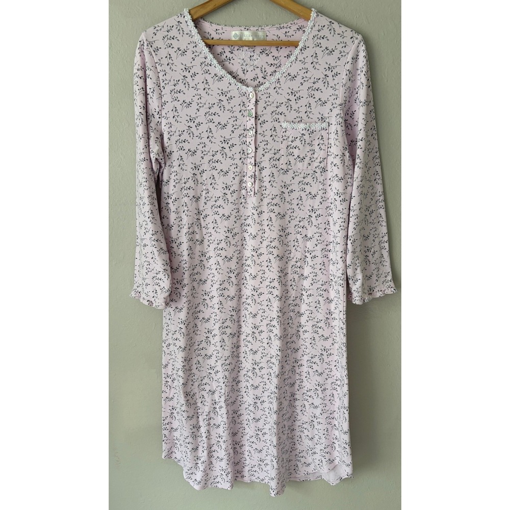 Eileen West Women 100% Cotton Pink Floral Henley Nightgown M Cottage Dainty